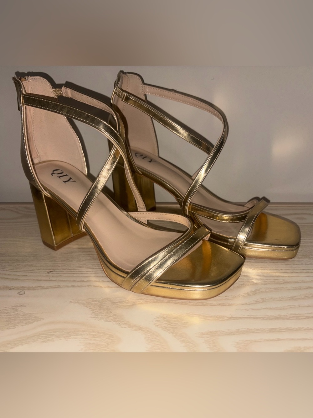 Gold Metallic Block Heel Sandals with Cross-Strap Ankle Zip
